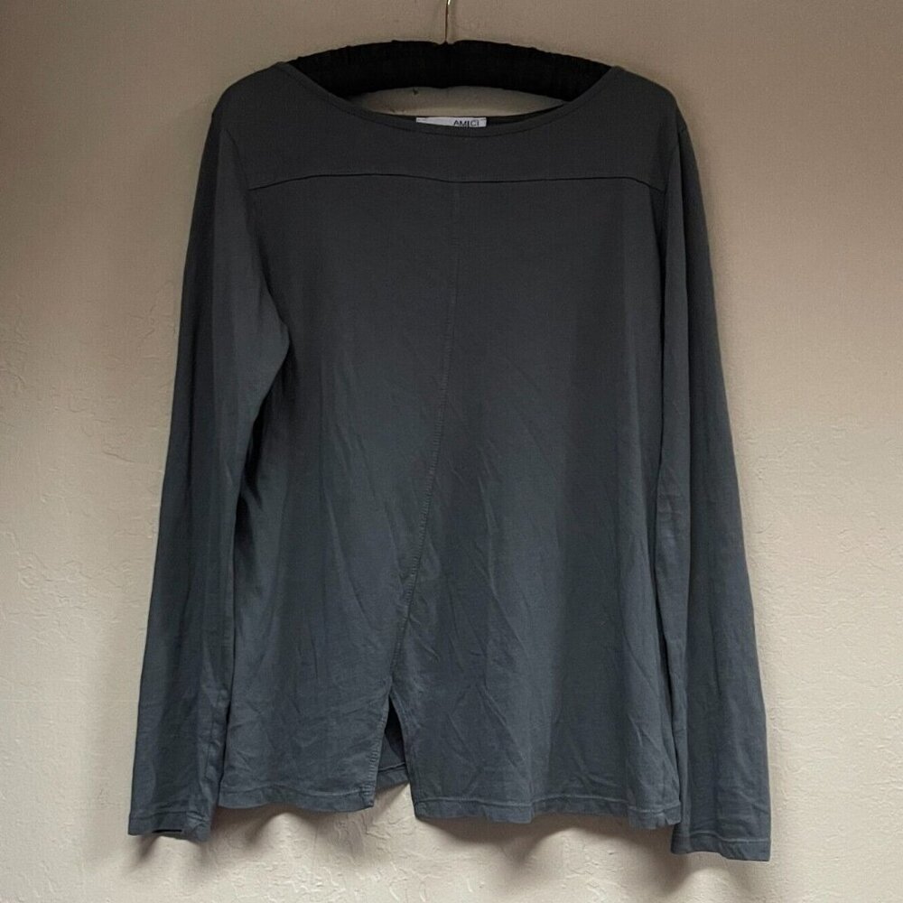 Amici Made in Italy Women Boat Neck Long Sleeve Slit Front Top Small Gray Cotton